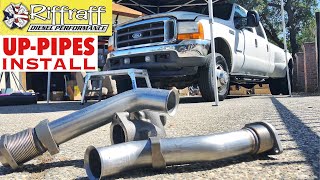 2001 F350 73  RiffRaff UpPipes Install  Stock up pipes leaking and falling apart JUNK SP [upl. by Eliason693]